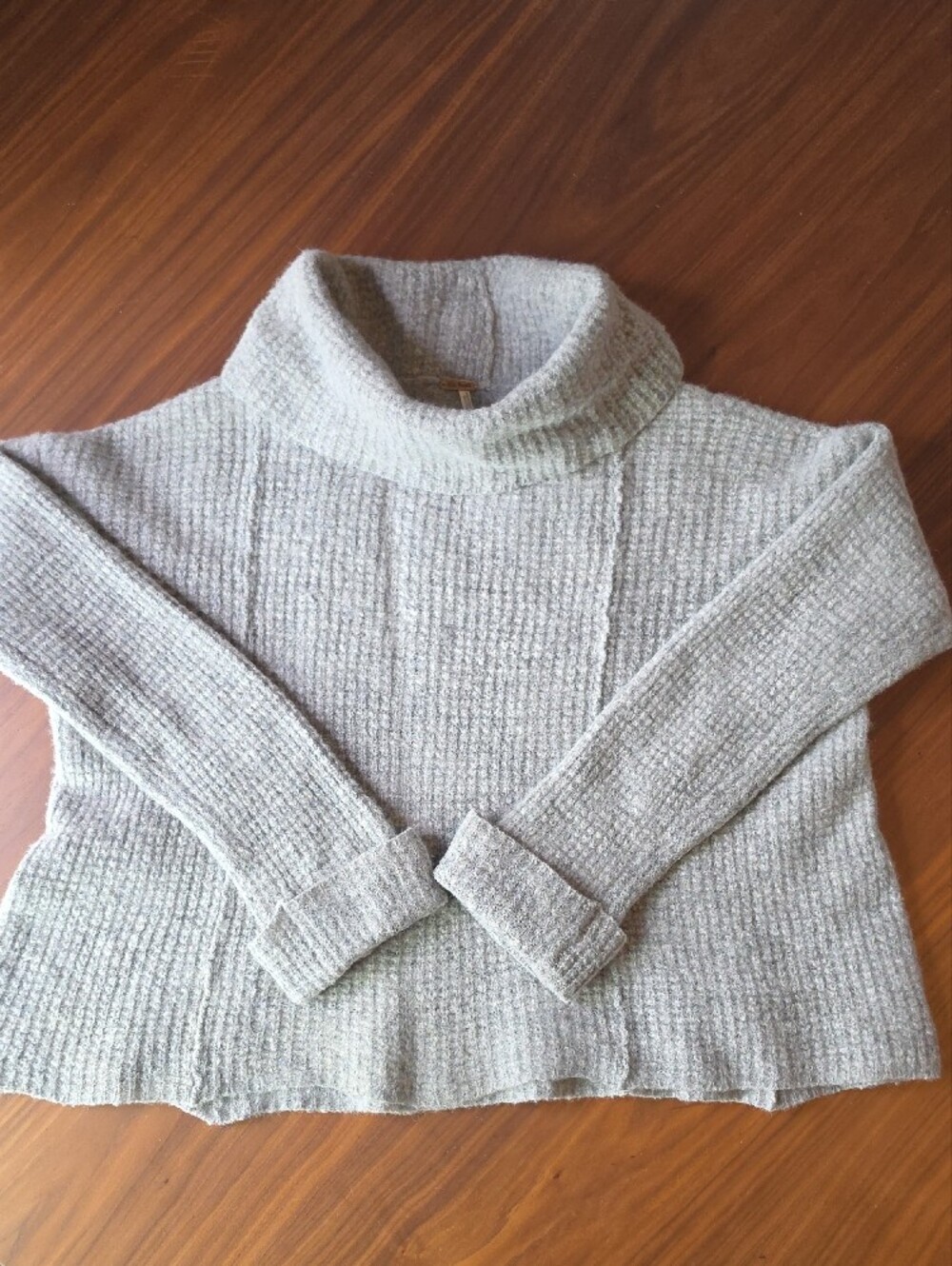 Free People Sidewinder 100% Wool Cowl Neck Waffle Knit Sweater Heather Grey S - Picture 8 of 8